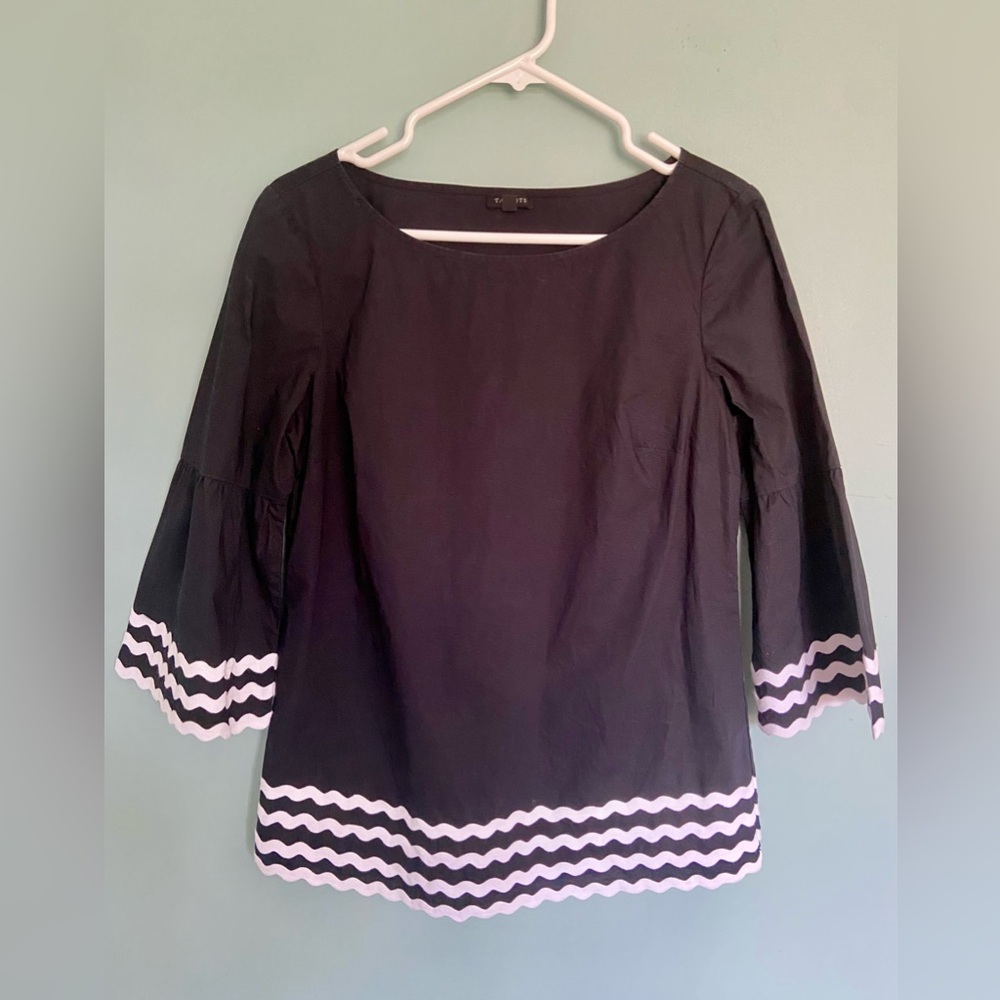 Talbots Top Medium Black Ric Rac Trim Cotton Poplin Boat Neck Blouse Women's